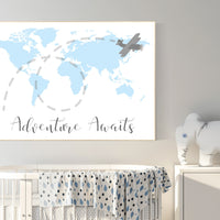 Nursery wall art map, adventure awaits, world map print, nursery decor boy mountains adventure, blue gray, plane nursery decor, blue nursery
