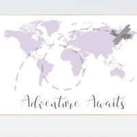 Nursery decor girl purple, nursery decor map, Lilac nursery, adventure awaits, travel nursery decor, world map, lavender nursery