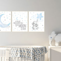 Nursery wall art boy elephant, we love you to the moon and back, Blue gray, Nursery decor boy, clouds and stars nursery, blue grey, moon