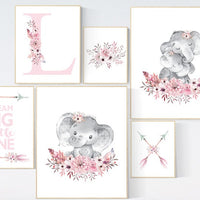 Boho nursery decor girl, elephant nursery decor girl, nursery decor girl name, nursery decor girl flower, pink nursery print, arrow, flower