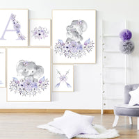 Nursery decor girl boho, purple nursery, nursery decor girl flower, nursery wall art elephant, lilac nursery, lavender nursery wall art