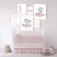Boho nursery decor girl, elephant nursery decor girl, nursery decor girl name, nursery decor girl flower, pink nursery print, arrow, flower