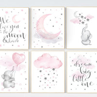 Nursery decor girl, nursery decor elephant, girl room wall art, baby nursery wall art, moon and stars nursery, nursery decor clouds stars