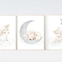 Sheep nursery decor, Gray nursery decor, nursery decor lambs, nursery wall art sheep, moon and cloud wall art nursery gender neutral nursery