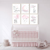 Nursery decor girl, nursery decor elephant, girl room wall art, baby nursery wall art, moon and stars nursery, nursery decor clouds stars