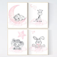 Nursery decor girl, elephant, bear, giraffe, bunny, animal nursery, bunny nursery art, moon, star, bear nursery, pink gray, woodland animals