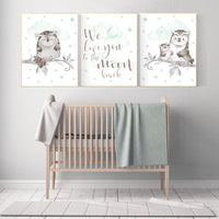 Nursery decor owl, owl nursery art, mint nursery decor, we love you to the moon and back, nursery wall art mint, mint green, gender neutral
