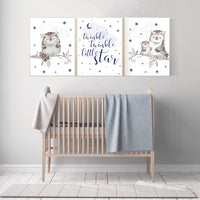 Nursery decor boy owls, navy nursery, nursery wall art boy, owl print nursery, owl print baby, twinkle twinkle little star, navy blue