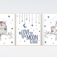 Navy nursery, we love you to the moon and back, nursery wall art boy, owl print nursery, owl print baby, navy blue, Nursery decor boy owls