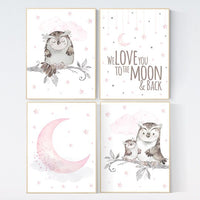 Nursery decor girl owl, we love you to the moon and back, owl nursery decor, girl nursery wall art, nursery ideas, pink nursery print
