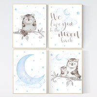 Nursery decor boy owls, owl nursery, nursery wall art boy, owl print nursery, owl print baby, baby nursery decor, baby blue nursery art