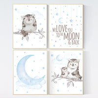 We love you to the moon and back, Nursery decor boy owls, owl nursery, nursery wall art boy, owl print nursery, baby blue nursery art