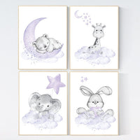 Nursery decor girl woodland, purple nursery, lilac, elephant, bear, giraffe, bunny, animal nursery, lilac nursery, animal nursery prints