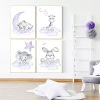 Nursery decor girl woodland, purple nursery, lilac, elephant, bear, giraffe, bunny, animal nursery, lilac nursery, animal nursery prints