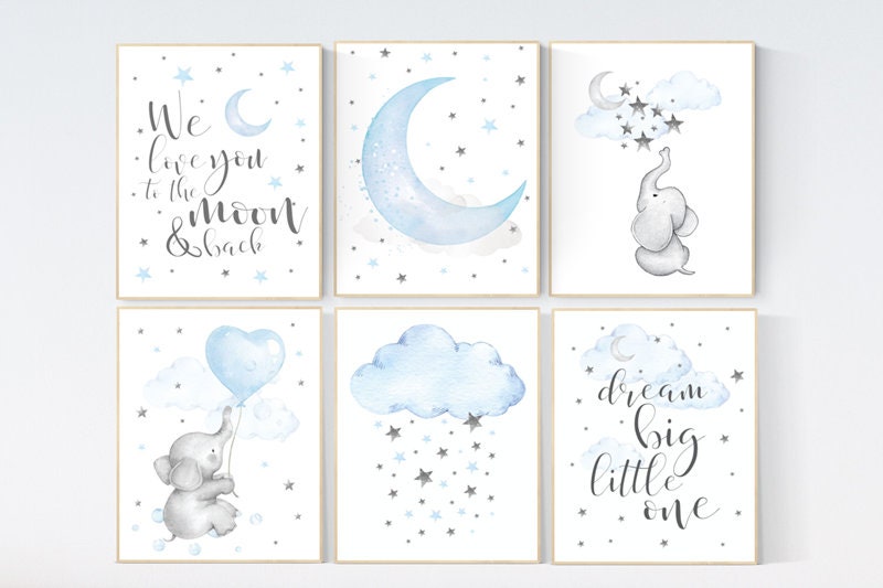 Nursery decor boy elephant, we love you to the moon and back, Blue and gray, moon and stars. nursery wall art boy elephant, baby blue, stars