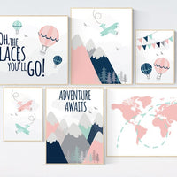 Adventure awaits nursery, Mountain art print set, coral navy mint, Adventure nursery, coral mint girl, airplane, world map, hot air balloon