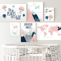 Adventure nursery decor, blush pink mint , mountain art print set, pink navy wall art, airplane, world map, adventure awaits hot air balloon