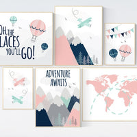Adventure nursery decor, blush pink mint , mountain art print set, pink navy wall art, airplane, world map, adventure awaits hot air balloon