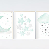 Mint nursery decor, nursery decor stars, gender neutral nursery, moon and stars nursery, mint green nursery, cloud nursery, star nursery art