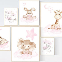 Nursery decor girl woodland, nursery prints set, Nursery decor jungle, nursery prints animal, pink nursery art, elephant giraffe bear bunny