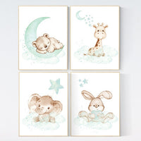Nursery wall art mint and gray, nursery wall art animals, baby room decor mint and gray, baby room decor bears, woodland, jungle, elephant