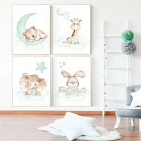 Nursery wall art mint and gray, nursery wall art animals, baby room decor mint and gray, baby room decor bears, woodland, jungle, elephant