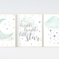 Nursery wall art mint and gray, nursery decor neutral, unisex nursery, moon and stars nursery, baby shower, nursery prints quotes, twinkle
