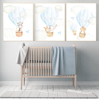 Nursery decor woodland animal, nursery decor boy, elephant, bear, giraffe, bunny, hot air balloon, nursery wall art animals, baby room art