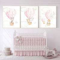 Hot air balloon nursery, nursery decor, woodland animals, pink nursery decor, elephant, bunny, giraffe, baby bear, pink nursery print