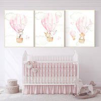 Nursery decor girl woodland, hot air balloon nursery, nursery decor woodland animal, hot air balloon nursery animal, pink nursery print