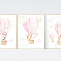 Nursery decor girl woodland, hot air balloon nursery, nursery decor woodland animal, hot air balloon nursery animal, pink nursery print