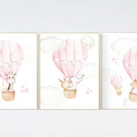 Hot air balloon nursery, nursery decor, woodland animals, pink nursery decor, elephant, bunny, giraffe, baby bear, pink nursery print