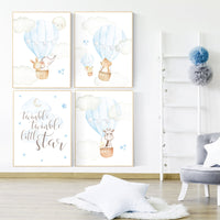 baby boy nursery, nursery decor boy woodland animals, elephant, giraffe, bear, bunny, woodland nursery art, hot air balloon nursery print,