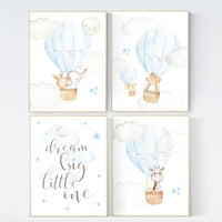 Baby room decor, baby boy nursery, nursery decor boy woodland animals, elephant, giraffe, bear, bunny, boy nursery art, hot air balloon