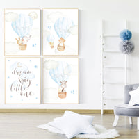 Baby room decor, baby boy nursery, nursery decor boy woodland animals, elephant, giraffe, bear, bunny, boy nursery art, hot air balloon
