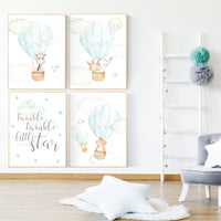 Hot air balloon nursery wall art, Nursery wall art mint and gray, nursery decor woodland, mint nursery art, nursery prints animals, aqua