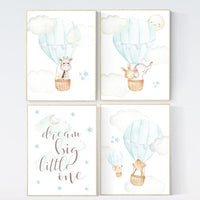 Hot air balloon nursery wall art, mint and gray, nursery decor woodland, mint nursery art, nursery prints animals, aqua, mint green