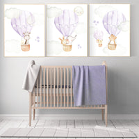 Nursery decor girl woodland, hot air balloon nursery purple, hot air balloon nursery animal, lilac nursery, elephant, giraffe, bear, bunny