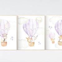 Nursery decor girl lavender, hot air balloon nursery purple, hot air balloon nursery animal, lilac nursery, elephant, giraffe, bear, bunny