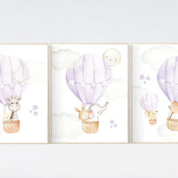 Nursery decor girl woodland, hot air balloon nursery purple, hot air balloon nursery animal, lilac nursery, elephant, giraffe, bear, bunny