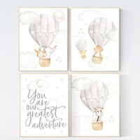 Nursery decor neutral, You are our greatest adventure print, gender neutral, gray, hot air balloon, elephant, giraffe, bear, bunny, animals