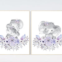 Nursery wall art elephant, nursery decor girl purple, nursery decor girl floral, lilac nursery decor lavender, Boho baby room, lilac nursery