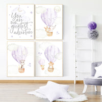 Purple nursery, lilac nursery, hot air balloon nursery, you are our greatest adventure, animal nursery, girl nursery wall, lavender nursery