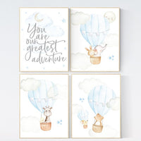 Nursery decor boy woodland animals, you are our greatest adventure hot air balloon, elephant, giraffe, bear, bunny, boy nursery, baby blue