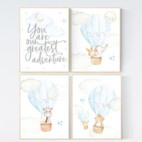 Nursery decor boy woodland animals, you are our greatest adventure hot air balloon, elephant, giraffe, bear, bunny, boy nursery, baby blue