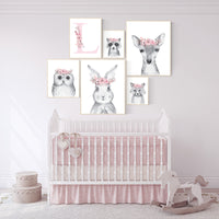 Animal nursery, woodland nursery decor girl, animal prints for nursery girl, pink grey, nursery decor girl boho, bunny, fox, deer, owl, gray