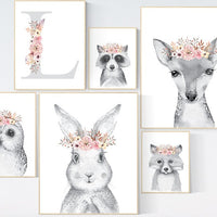 Nursery decor girl boho, bunny, fox, deer, owl, animal nursery, woodland nursery decor girl, animal prints for nursery girl, blush, peach