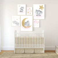 Nursery decor girl, Nursery decor elephant, baby room decor girl gold and pink, gold nursery art, to the moon and back, cloud stars nursery