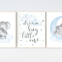 Nursery decor boy elephant, nursery wall art elephant, baby room decor boy, dream big little one, Elephant Nursery Art, Baby Boy Nursery Art