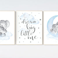 Nursery decor boy elephant, nursery wall art elephant, baby room decor boy, dream big little one, Elephant Nursery Art, Baby Boy Nursery Art